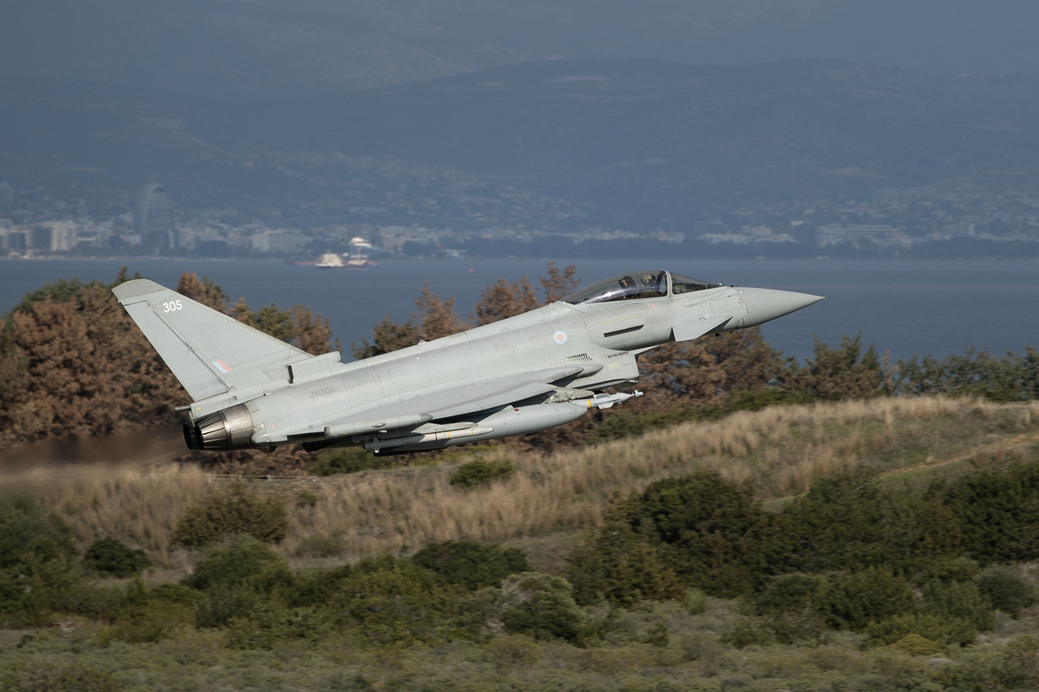 Image shows RAF Typhoon in flight.